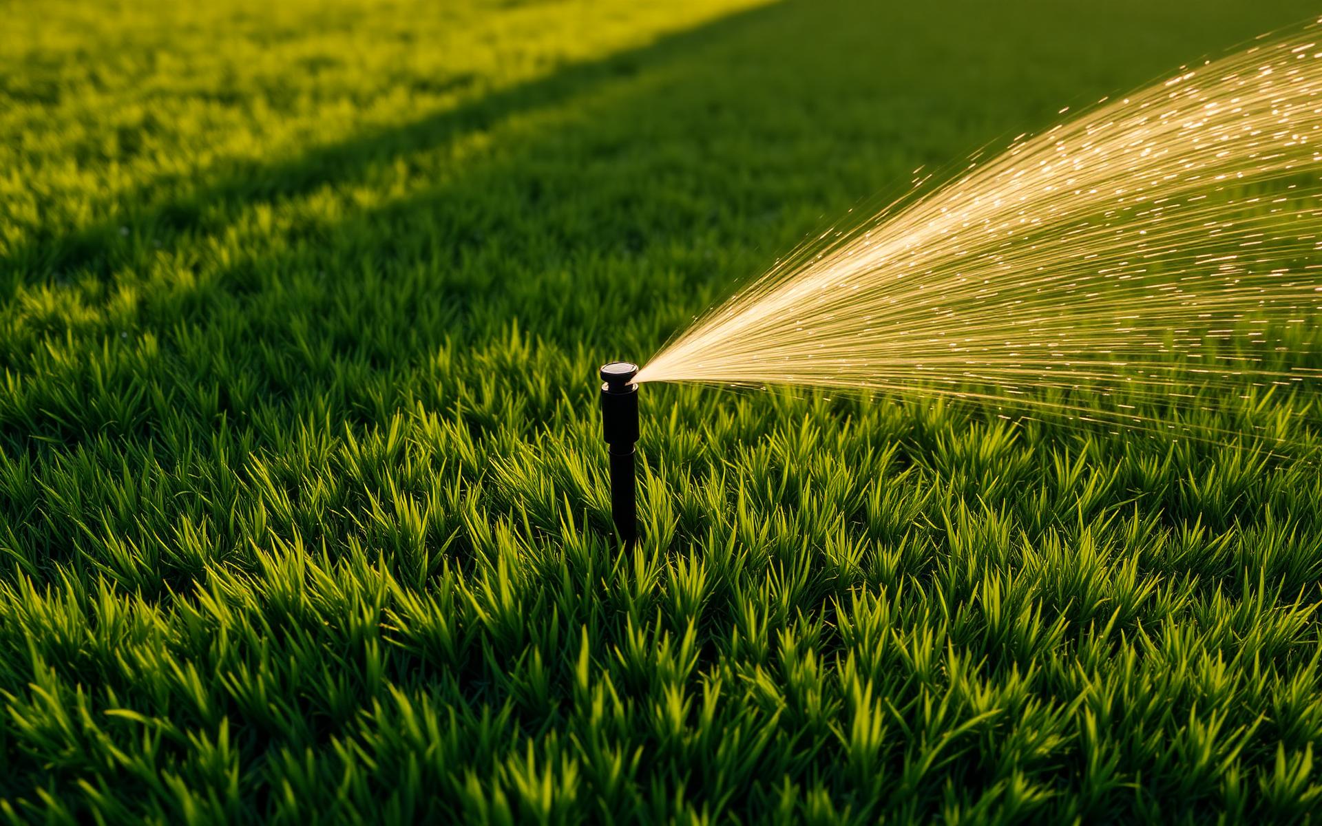 Lush green lawn watered by a modern sprinkler
